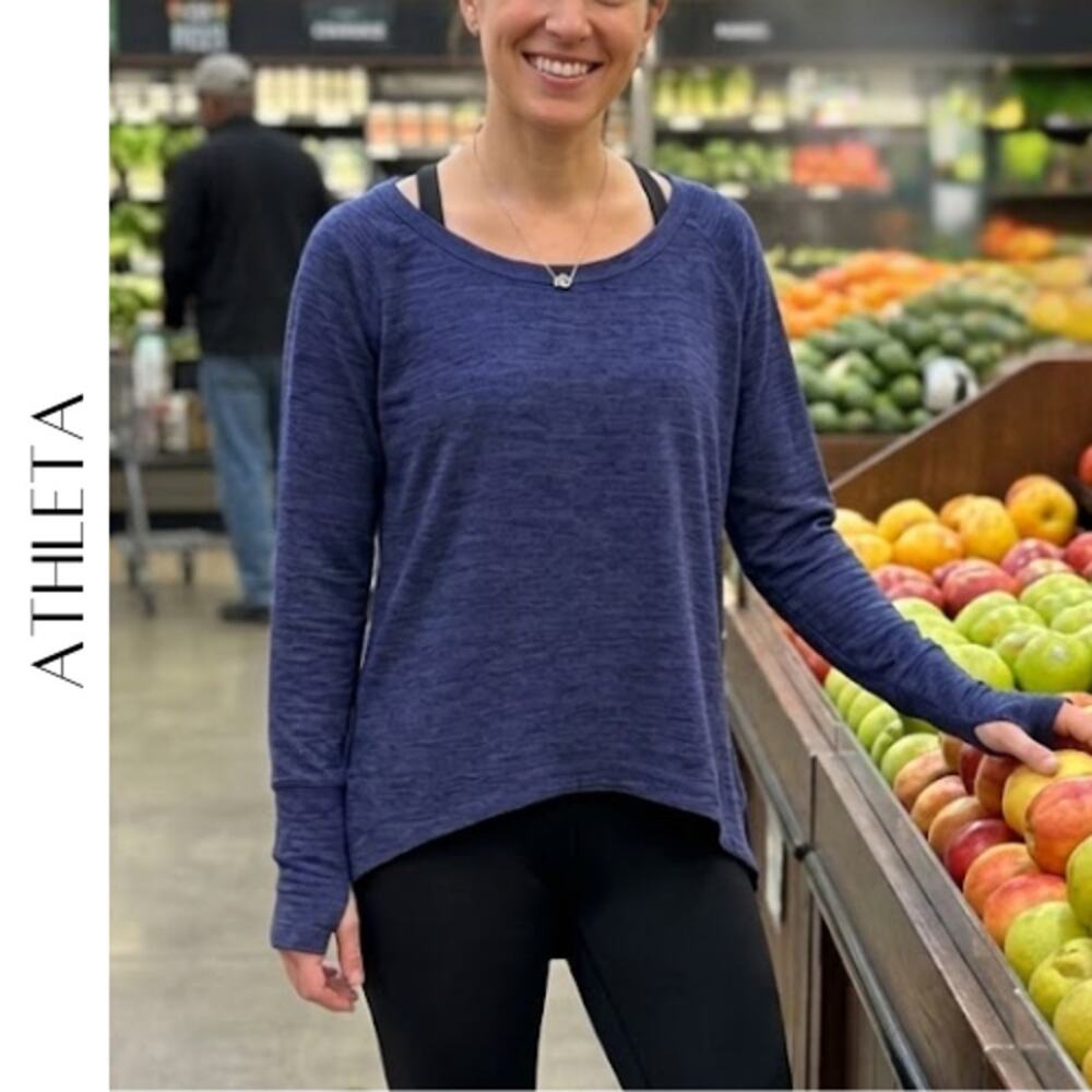 Athleta No Sweatin’ It Heather Blue Pullover Top, S